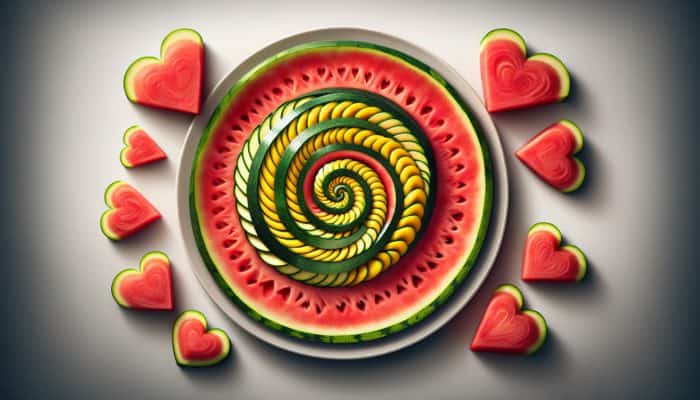 A circular plate with zucchini, yellow squash in a spiral, and heart-shaped watermelon in color gradient.