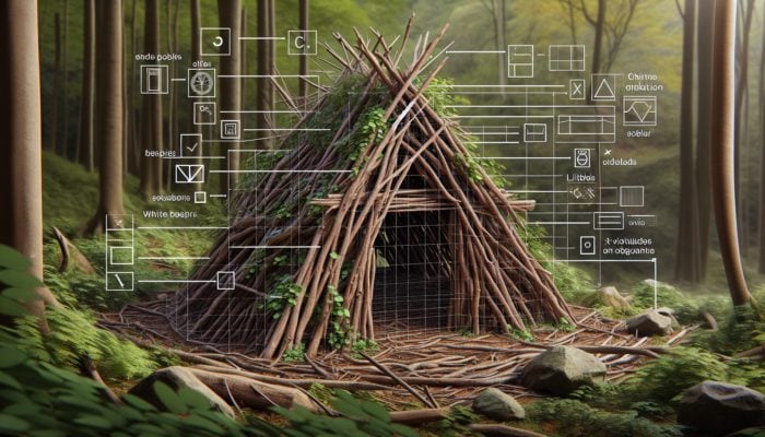 A debris hut in a forest clearing, framed by Y-shaped branches and a ridgepole, insulated with branches and leaves, secured with vines, featuring ventilation openings.