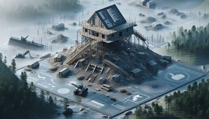 A debris hut on a safe, elevated site, avoiding flood zones, trees, cliffs, and wildlife dens.