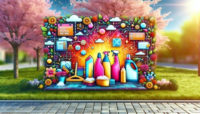 Seasonal cleaning promotions banner in Motspur Park with sparkling tiles and cleaning equipment, spring flowers, and festive decorations.