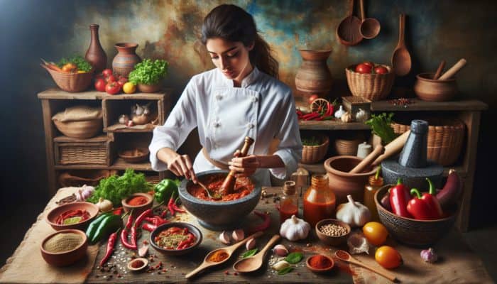 Chef expertly mixing vibrant, fiery marinade with chilies, garlic, and spices in rustic kitchen.