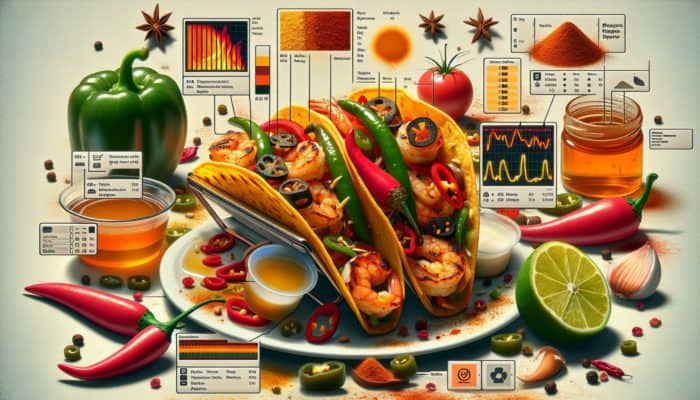 Spicy grilled shrimp tacos with customizable heat levels, featuring chili powder, jalapeños, serrano peppers, and honey.