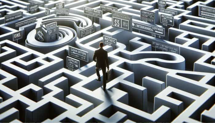 A person navigating a maze, symbolising loan landscapes and interest rate options.