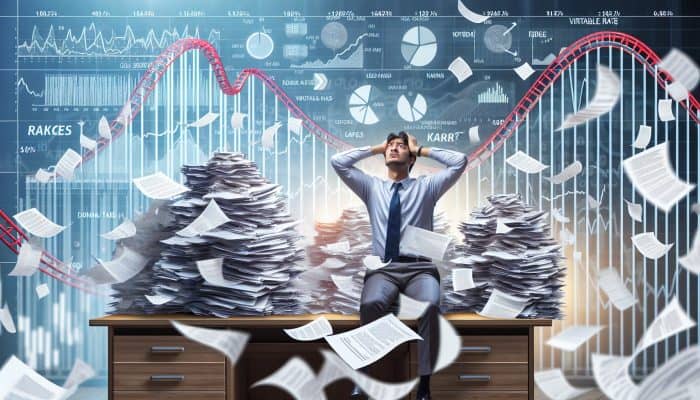 A stressed person at a desk with financial documents, graph showing fluctuating interest rates in background.