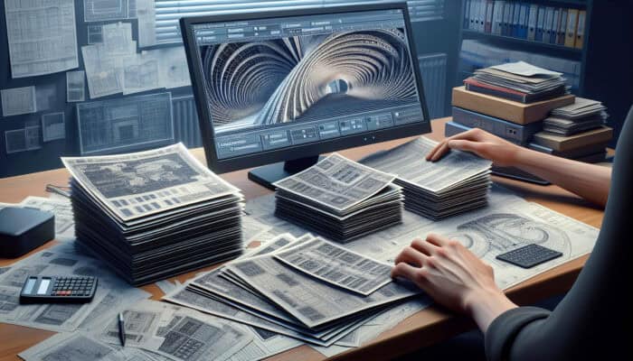 A person organizing documents and blueprints on a desk, with a computer showing UK clearance forms.