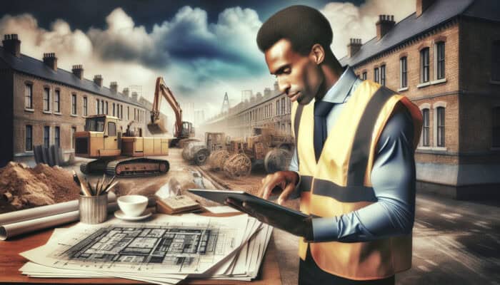 Project manager reviewing site map on tablet amidst construction equipment and historical documents under cloudy UK sky.