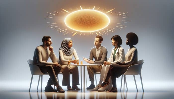 Diverse group consulting healthcare providers about vitamin D testing due to risk factors.