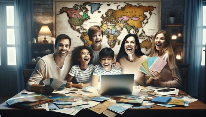 Family reviewing SUV rental policies at home, surrounded by travel plans and a laptop.