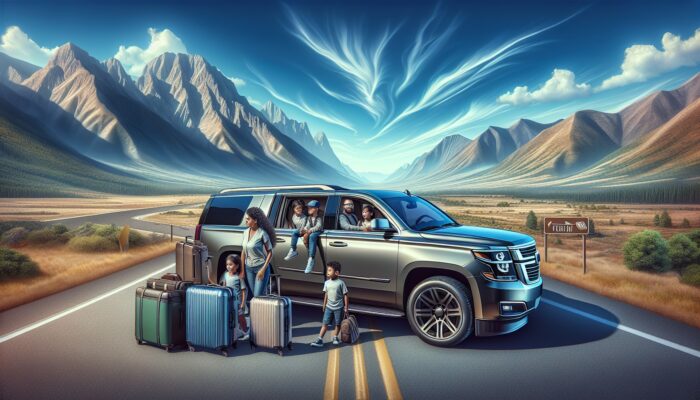 A spacious SUV with three rows, accommodating a family, luggage, and camping gear, parked near mountains.