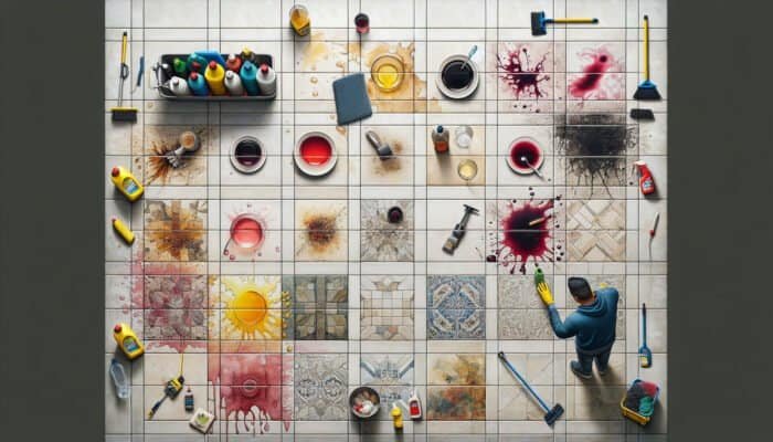 Porcelain tiles stained with wine, coffee, and grease; person cleaning with various tools and solutions.