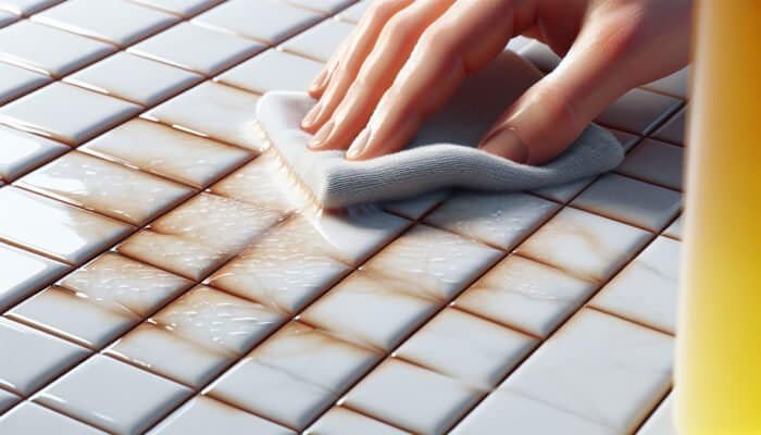 Porcelain tiles with hard water stains being cleaned with a vinegar-soaked cloth, restoring their shine.