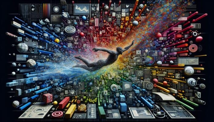 A person diving into a digital ocean with keywords and filters for global market research.