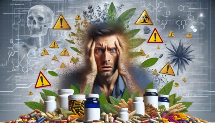 Person surrounded by adaptogenic herbs, looking stressed, with warning signs in background.
