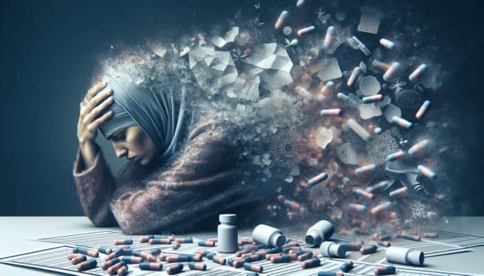 A distressed person surrounded by adaptogen supplements, showing withdrawal and dependency struggle.