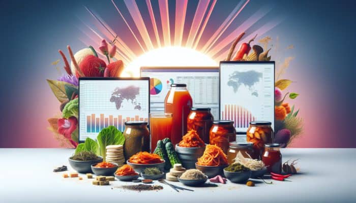 A vibrant still life of kimchi, kombucha, and tempeh with a rising sun backdrop, symbolising new culinary horizons.