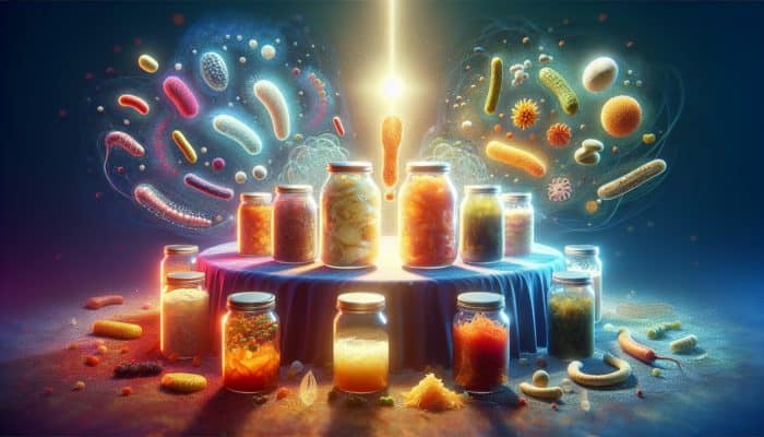 Jars of kimchi, sauerkraut, and miso with glowing probiotic bacteria, symbolising health and vitality.