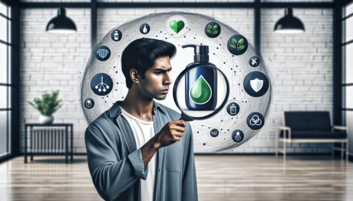 Person examining hair product label with magnifying glass, surrounded by terms like 'natural', 'organic', 'hypoallergenic'.