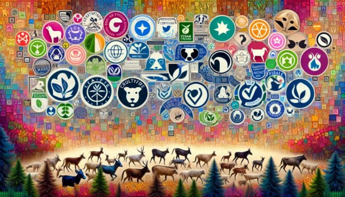 Collage of cruelty-free and vegan product labels with certifications and happy animals in nature.