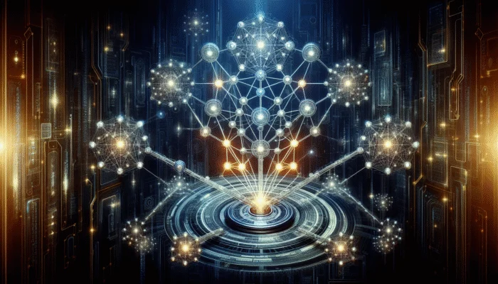 AI tool analyzing glowing nodes representing premium backlink sources, enhancing SEO on a futuristic digital backdrop.