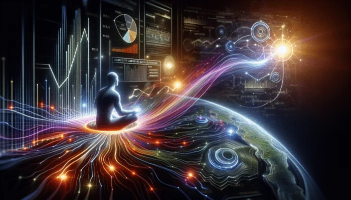 Person using AI to analyze competitor backlinks, identifying trends and opportunities in industry forums and blogs.