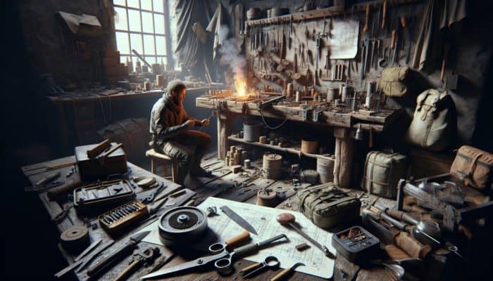 A person crafting survival tools including a flint striker, knife, and fishing kit in a workshop.