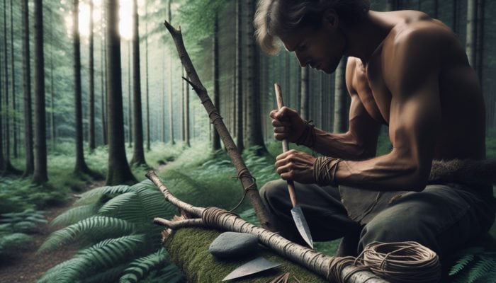 Person in forest crafting spear from ash branch, sharpening and attaching stone tip for hunting and defense.
