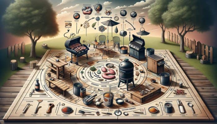 Infographic showing steps to prepare smoker: cleaning, seasoning, setting temperature, in rustic outdoor setting.