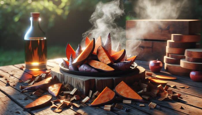 Smoked sweet potato wedges on a wooden table with hickory and applewood chips, surrounded by aromatic smoke in sunlight.