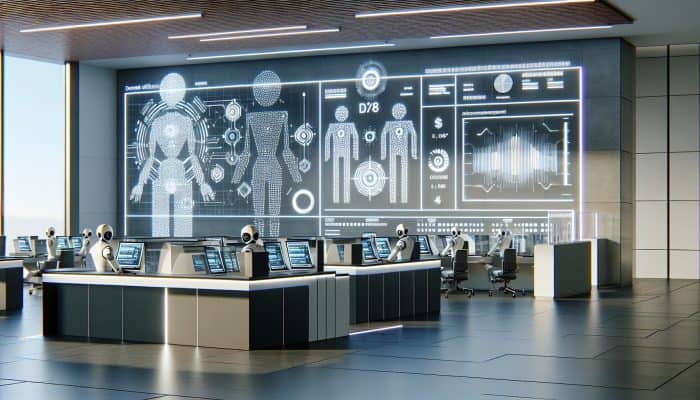 Futuristic loan office with AI computers, holographic displays, and robotic assistants in a modern setting.