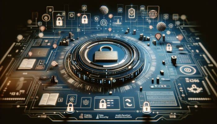 A secured loan application interface with encryption and multi-factor authentication icons on a cyber-secured network background.