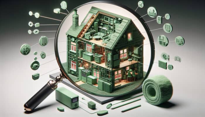 UK home with magnifying glass focusing on heating, appliances, insulation; green chart shows carbon reduction areas.