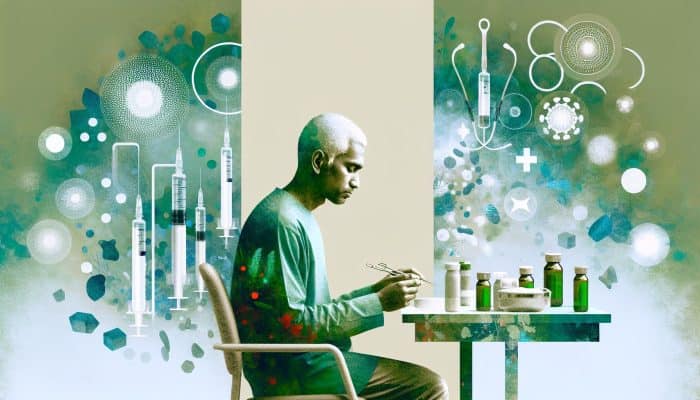 A person calmly preparing for a liver blood test in a serene medical setting with green and white colors.