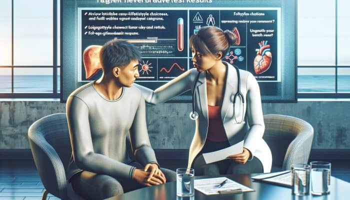 A person in Blackpool discussing liver test results with a healthcare provider in a clinic, feeling relieved and informed.