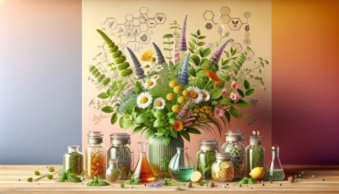 A vibrant selection of fresh herbs like chamomile, lemon balm, and fennel in a child-friendly kitchen with labeled glycerite jars.