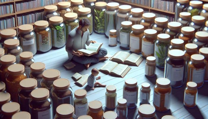 A parent researches herb safety from a book, with labeled herb jars and a child playing nearby.