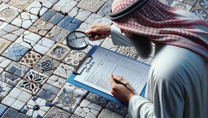 A person inspecting various tiles, some cracked, using a magnifying glass and clipboard.
