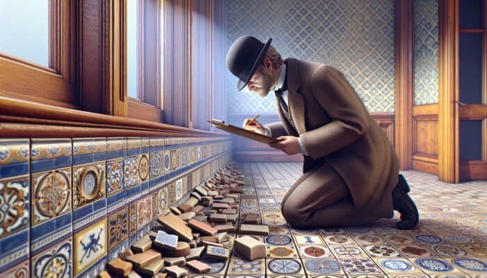 Homeowner inspecting Victorian tiles for cracks, chips, and deteriorated grout in a classic home.