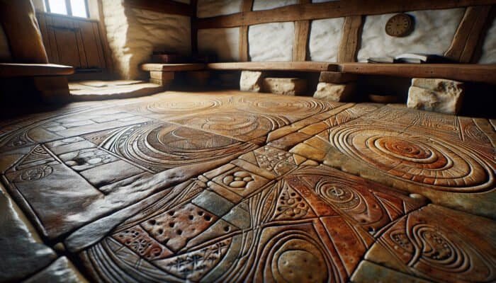 Restored heritage sandstone floor in UK cottage, intricate patterns, earthy tones, reflecting centuries of craftsmanship and local identity.