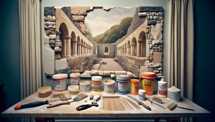 Selection of high-quality travertine hole repair fillers displayed on a workbench in the UK, featuring various types and textures, with a partially repaired wall in the background.