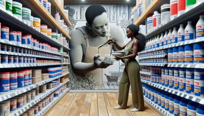 A UK homeowner applying affordable cement-based filler for travertine holes at a well-lit hardware store.