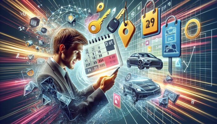 Person checking email on smartphone with car keys, discount tags, and promotion calendar icons on a vibrant digital background.