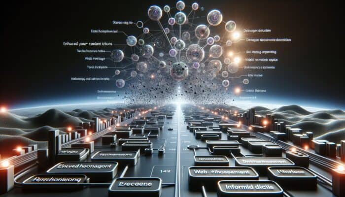 A digital landscape with interconnected nodes symbolising a content cluster, guiding users through web hosting options and technical insights.