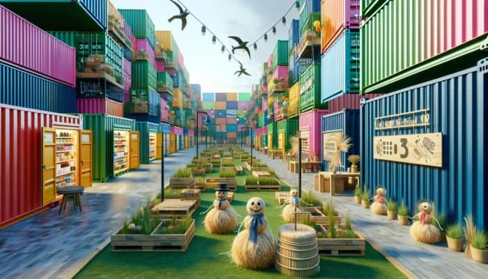 A colorful shopping park made from repurposed shipping containers, featuring eco-friendly shops and sustainable products.