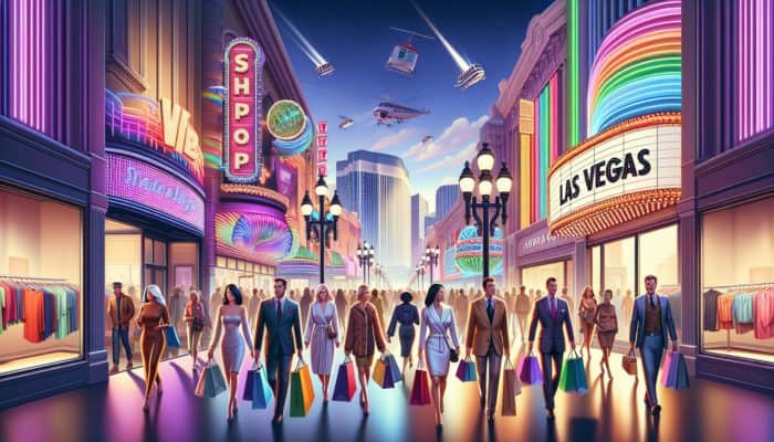 A vibrant Las Vegas shopping scene with neon signs and unique boutiques at twilight on the Strip.
