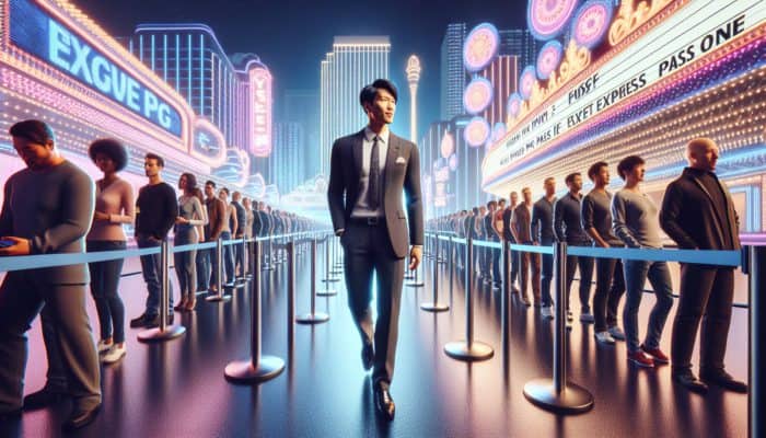 Person using an express pass to bypass a queue at a Las Vegas attraction illuminated by neon lights.