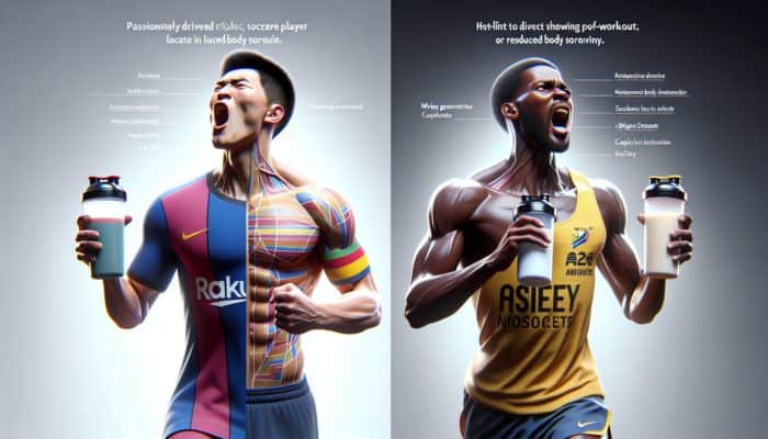 Soccer player and long-distance runner enjoying whey protein isolate shakes, showcasing muscle recovery and reduced soreness.