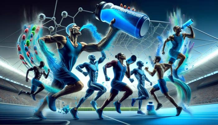 Athletes in Rio and London absorbing blue whey protein isolate for enhanced post-workout recovery.