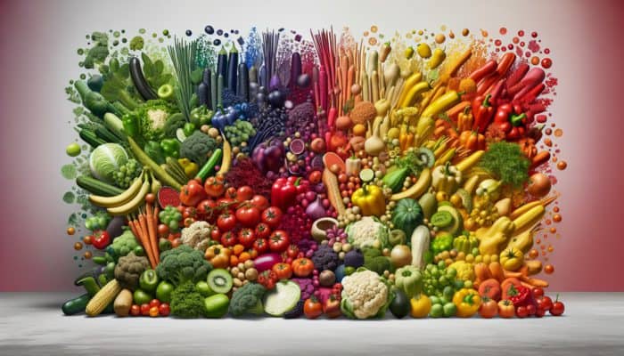 A vibrant spectrum of colorful vegetables in various shapes and sizes on a neutral background.