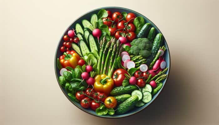 A vibrant salad bowl with seasonal produce like greens, radishes, asparagus, tomatoes, cucumbers, and bell peppers.