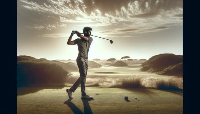 Golfer swinging on South African course at mid-morning with optimal lighting and plain background.